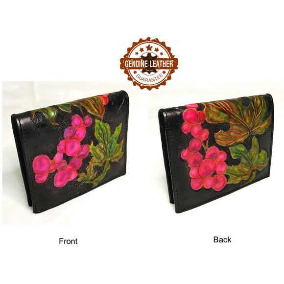 Hand Painted Wallet Red Motif Black Genuine Leather Coin Purse Bifold Cardholder - Picture 3 of 10